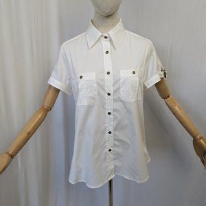Burberry White Button Down Blouse with Buckle Sleeves Size XL